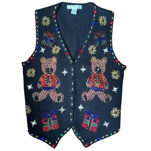 Vintage Beaded Teddy Bear Christmas Holiday Sweater M